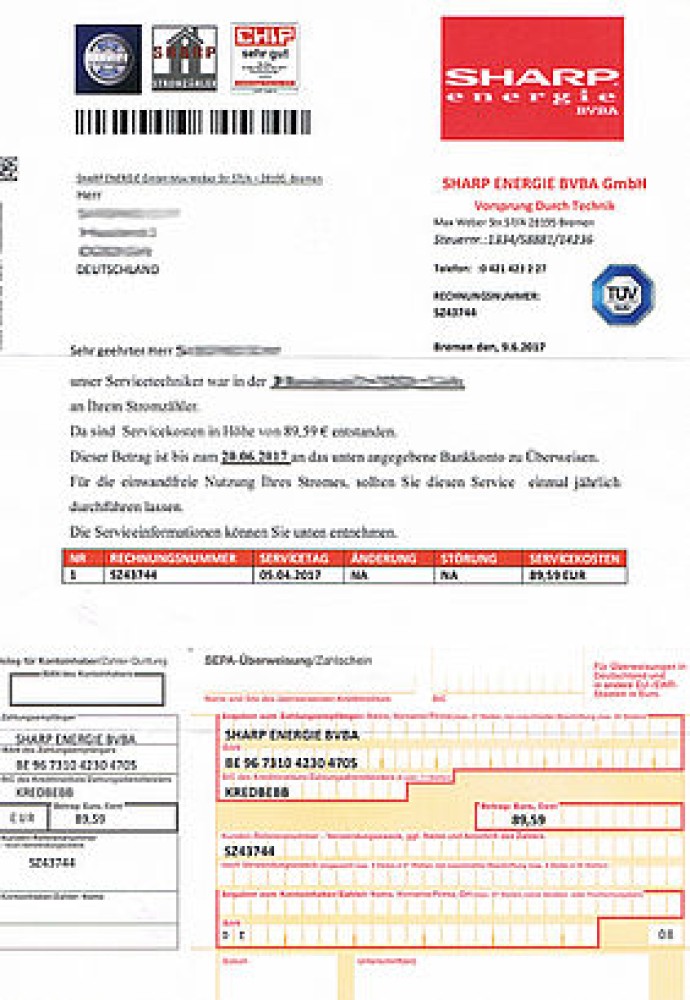 falsche Rechnng der Firma "Sharp Energie BVBA"