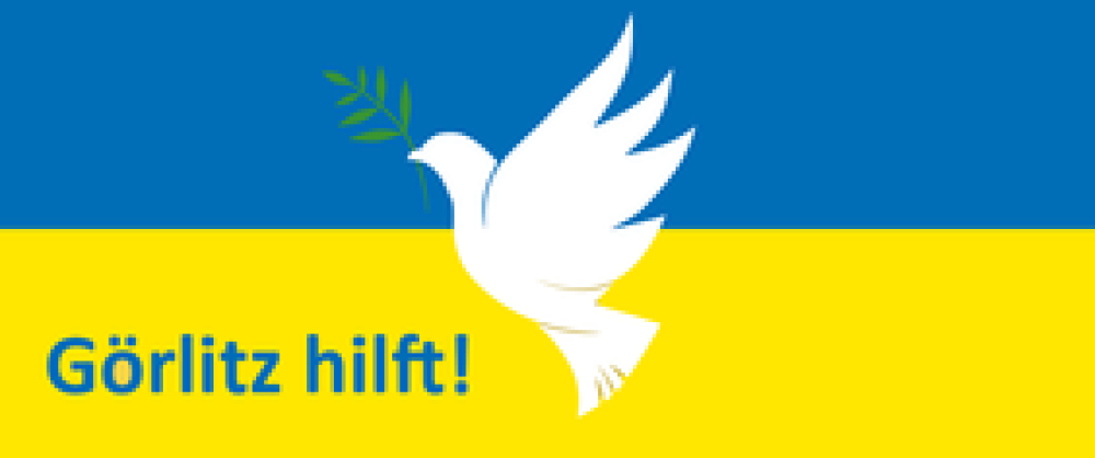 "Görlitz hilft!" geschrieben auf einer Ukrainischen Flagge