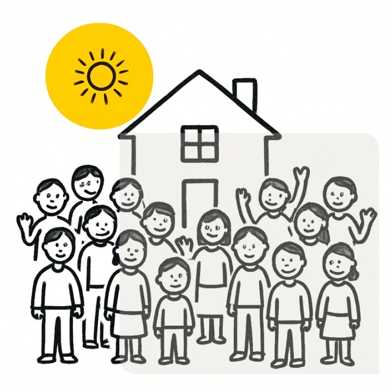 Menschen vor einem Haus