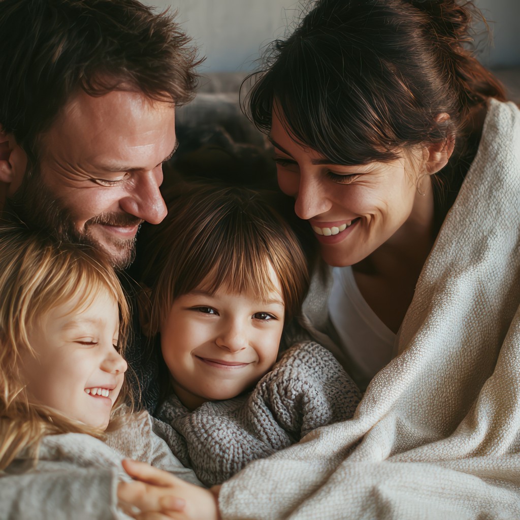 Familie glücklich in Decken eingekuschelt.