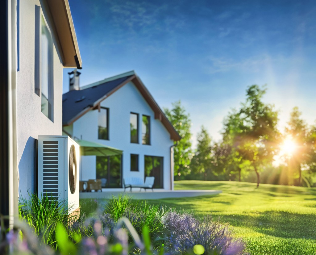Einfamilienhaus mit Wärmepumpe im Sonnenschein.