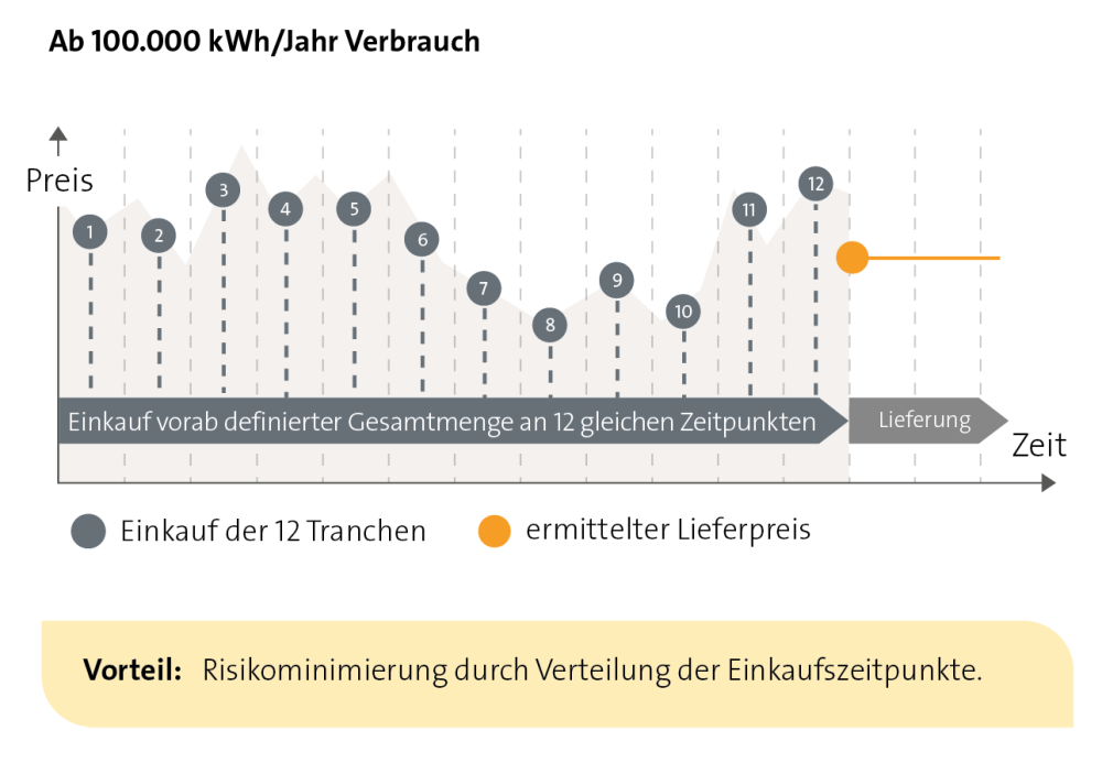 Diagramm zeigt das Prinzip des Tarifs SWG | StromTranche: Der jährliche Strombedarf wird in zwölf monatliche Tranchen eingekauft, um Preisschwankungen am Markt auszugleichen.